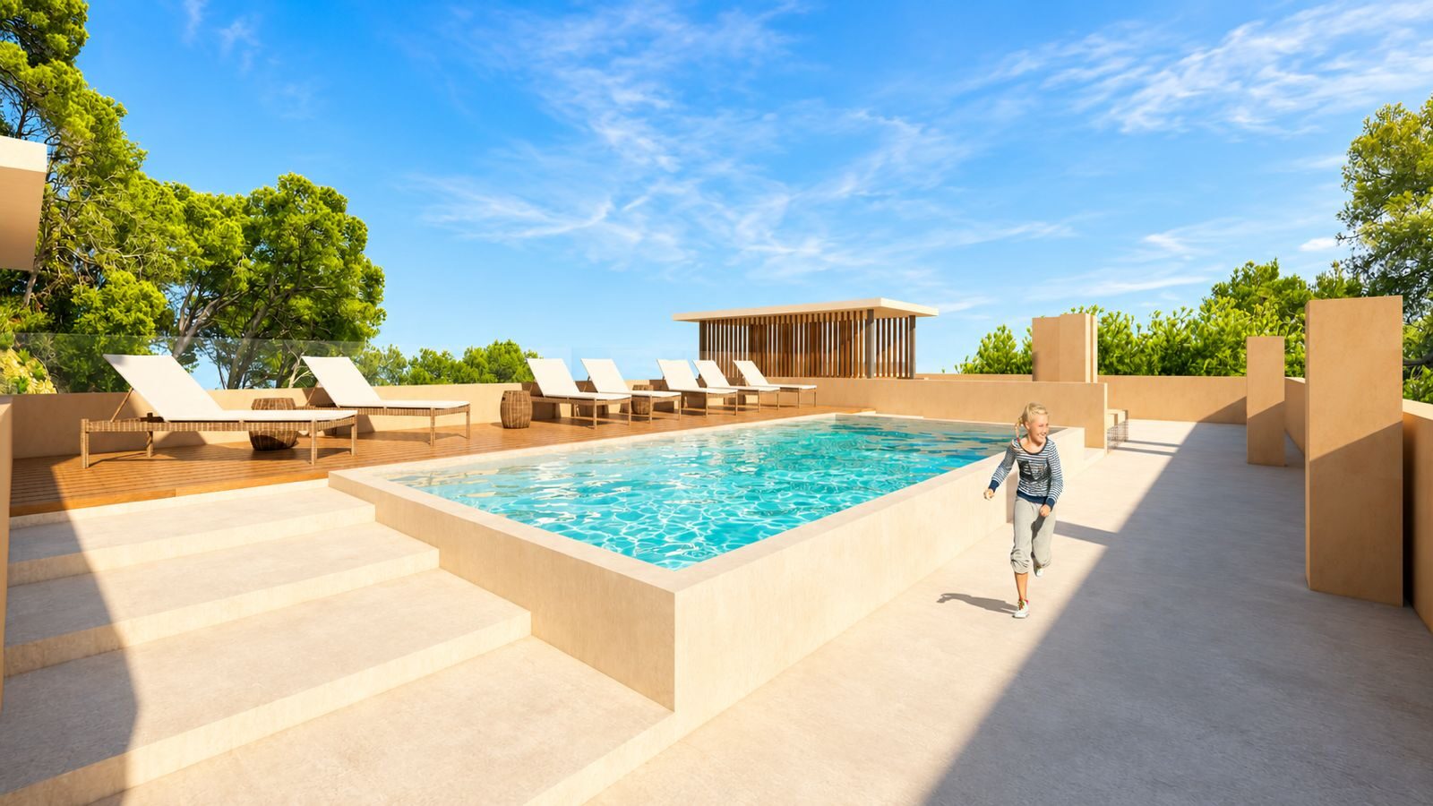 Piscina de 8x4m y de 60cm de profundidad en la azotea. Previsión de barbacoa en cubierta.